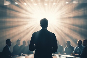 Poster - Business leader delivers an impactful presentation to engaged team in a well-lit conference room during a strategic planning session
