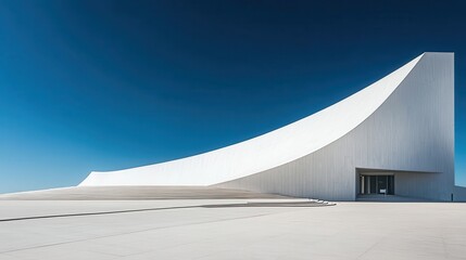 Aufkleber - Modern architectural design of a white structure with large glass windows reflecting in clear water under a blue sky