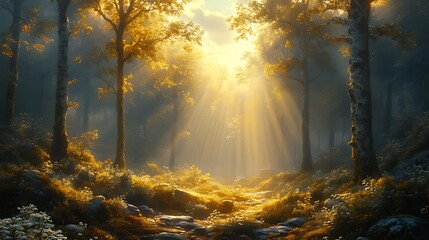 Wall Mural - Sunbeams illuminate a mystical forest path, dappled light on foliage and rocks.