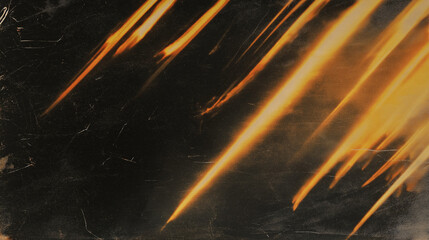 Aufkleber - Abstract dark background with streaks of warm golden-orange light creating dynamic movement and depth. The vintage, film-like texture includes visible scratches and smudges, with converging light patt
