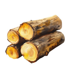 Aufkleber - A watercolor painting depicts a stack of three brown wooden logs with visible rings and textured bark against a black background.