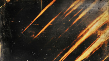 Aufkleber - Abstract dark background with streaks of warm golden-orange light creating dynamic movement and depth. The vintage, film-like texture includes visible scratches and smudges, with converging light patt