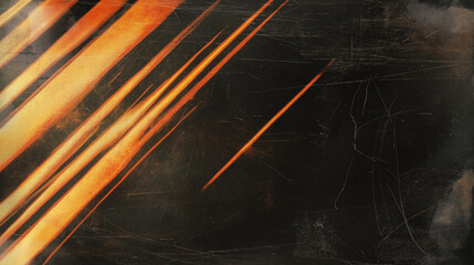 Poster - Abstract dark background with streaks of warm golden-orange light creating dynamic movement and depth. The vintage, film-like texture includes visible scratches and smudges, with converging light patt