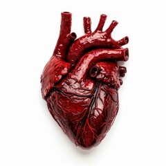 Realistic anatomical model of human heart isolated on white background, showing arteries and veins