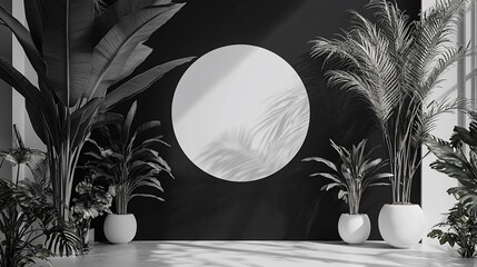 Canvas Print - Monochrome interior with plants and circular shadow.