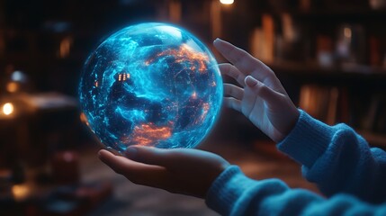 Hands gently cradling a glowing, digital Earth globe, showcasing global connectivity.