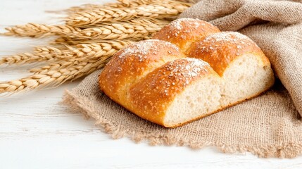 Wall Mural - Rustic loaf bread, wheat, burlap, wood. Food photography, website, recipe