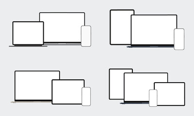 Wall Mural - Set Of Digital Devices Mockups, Laptop, Smartphone, Tablet Computer, Front View. Vector Illustration