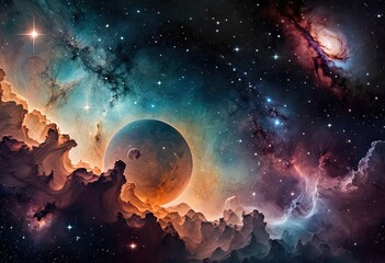 vivid space scene with planets, stars, and colorful nebulae.