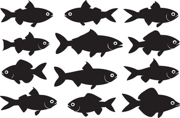 zebrafish silhouette set, flat fish vector illustration, fish black color isolated on a white backgr