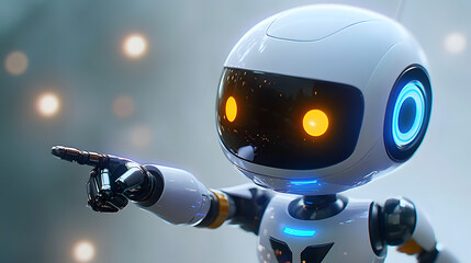 Wall Mural - positive cute robot pointing at a space. copy space, ai generated