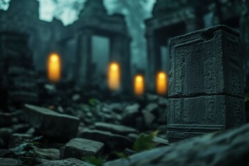 Horror ruins concept. A mystical ancient ruin with crumbling stone structures and glowing lanterns, shrouded in an ethereal fog.