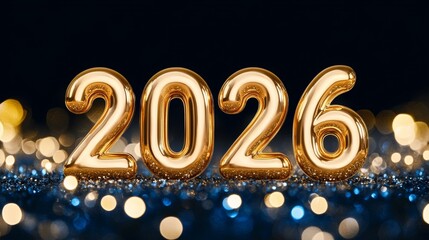 Wall Mural - Golden, Reflective Number Balloons Form The Year 2026 Against Sparkling Festive Holiday Background.