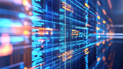 abstract representation of code and big data connection showcasing a blue matrix with network patterns symbolizing advanced technology and ai integration
