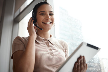 Fototapete - Headset, businesswoman and portrait with tablet for call center, customer information and consultant. Telemarketing, female agent and happy with mic for feedback, sales report and support in office