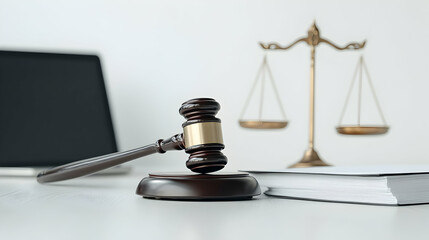 Gavel, scales, law book, laptop; justice concept; office background; legal website