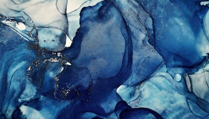 Poster - deep blue fluid ink texture with abstract marble like patterns and shimmering white details, ideal for modern wall art, backgrounds, and digital designs