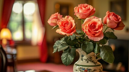 Canvas Print - Peach roses in vintage vase, elegant room.