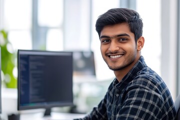 a young indian man in casual attire is sitting at his desk, smiling as he looks directly into the ca