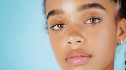 Wall Mural - Woman's face, close-up, beauty, skincare, blue background