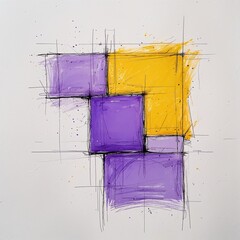 Sticker - A fragmented square shape art purple and yellow flat design simple line hand drawing on plain white background