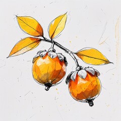 Wall Mural - A sea buckthorn fruit art orange and yellow flat design simple line hand drawing on plain white background