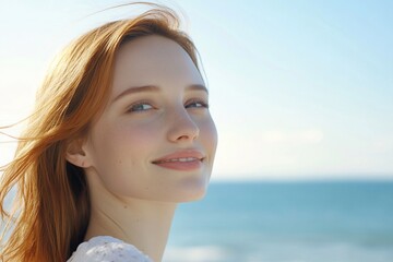 Wall Mural - Woman smiles, ocean background, summer, beauty