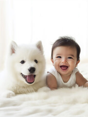 Wall Mural - Samoyed dog and baby smile together with cute fluffy joy, happy infant and adorable pet