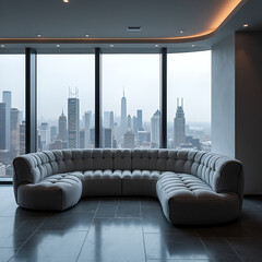 Wall Mural - Curved tufted grey sofa and lounge chair against big panoramic window with city view