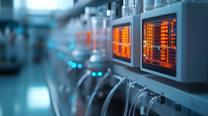 Wall Mural - hplc system showing connected tubing, glowing data screens during precise chemical analysis in steri