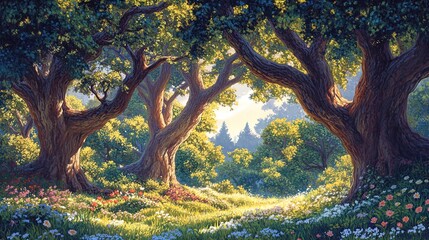 Wall Mural - A picturesque forest scene showcasing thick, gnarled trees with lush green foliage illuminated by warm sunlight filtering through the canopy. A vibrant carpet of flowers in various colors covers the g
