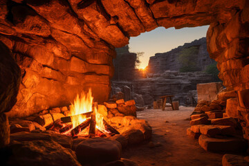 campfire warmth fills an underground tunnel as flickering flames illuminate the stony surroundings a