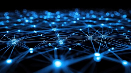 Network of blue connections with nodes and blurred background used for technology presentations