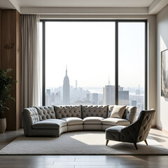 Wall Mural - Curved tufted grey sofa and lounge chair against big panoramic window with city view