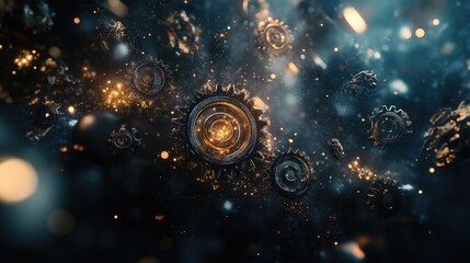 Glowing metal gears swirl in dark space; abstract technology background; ideal for industrial design