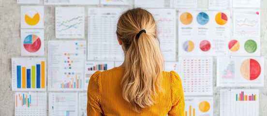 Leinwandbilder - A woman analyzes various charts and graphs displayed on a wall, showcasing data visualization and strategic planning.