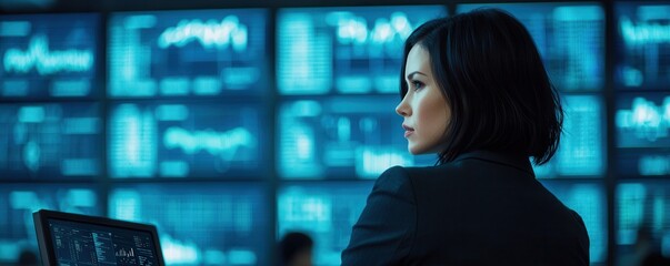 Leinwandbilder - A focused woman analyzes data in a high-tech environment, surrounded by multiple screens displaying complex information.