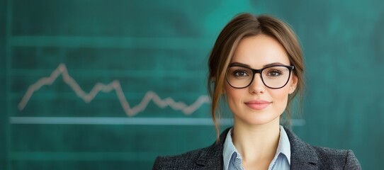 Aufkleber - A confident young woman in glasses stands in front of a green chalkboard with a graph, symbolizing business and financial growth.