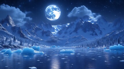 Serene Night Scene with Full Moon over Snowy Mountains and Icy Lake