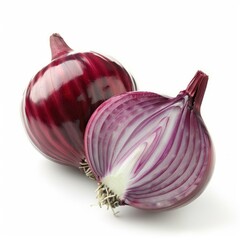 Wall Mural - Fresh red onions, one whole and one cut in half, showcasing vibrant purple layers and root fibers on a white background