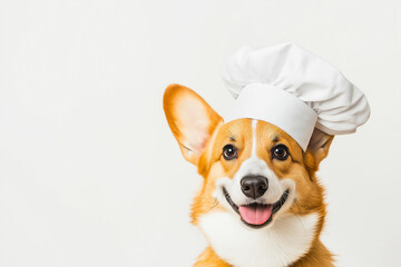 Wall Mural - Corgi dog with chef hat, cute fluffy smile in portrait of domestic canine background.