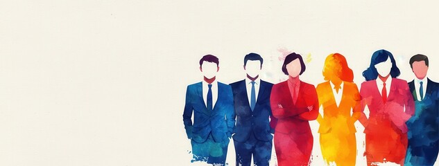 Leinwandbilder - A colorful watercolor illustration of six diverse business professionals standing together in formal attire against a light background.