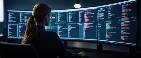 Leinwandbilder - A focused individual analyzes data on multiple screens, showcasing a high-tech environment filled with programming code and digital information.