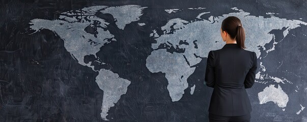 Leinwandbilder - A woman in a business suit stands before a world map, contemplating global strategies and opportunities.