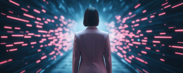 Poster - A figure stands before a vibrant tunnel of light, suggesting a journey into a futuristic or digital realm.