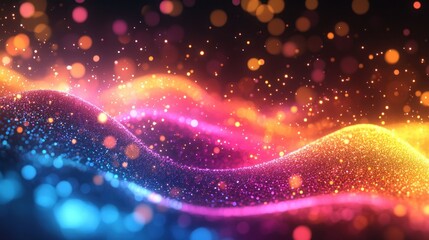 Colorful, abstract, wavy, glowing particle background with bokeh