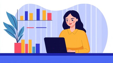 Leinwandbilder - A woman in a yellow shirt works on a laptop at a desk, surrounded by colorful books and a plant, in a modern, illustrated workspace.