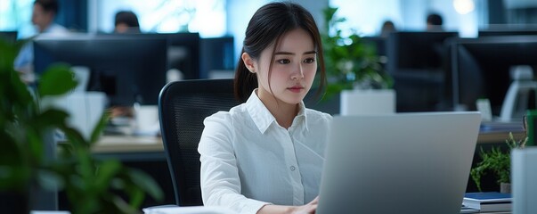 Aufkleber - A focused woman works on a laptop in a modern office, surrounded by greenery and other employees, embodying productivity and professionalism.