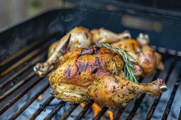 Delicious seasoned chicken grilling on a barbecue grill with a sprig of rosemary, smoke rising