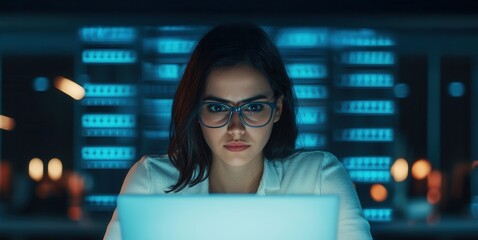 Leinwandbilder - A focused woman in glasses analyses data on a laptop, illuminated by blue lights in a high-tech environment.